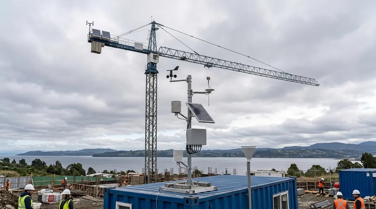 Vista ilustrativa de una estación meteorológica sobre un contenedor en una obra en construcción, junto a una grúa torre