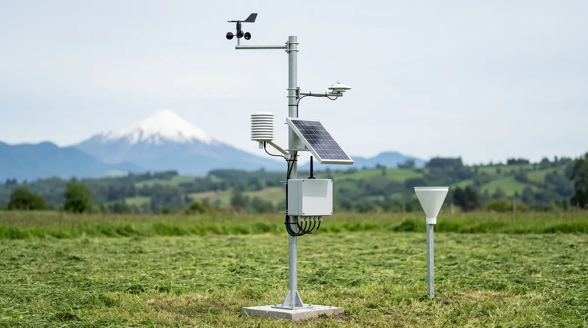 Vista ilustrativa de una estación meteorológica en una pradera recién cortada, con un volcán nevado al fondo