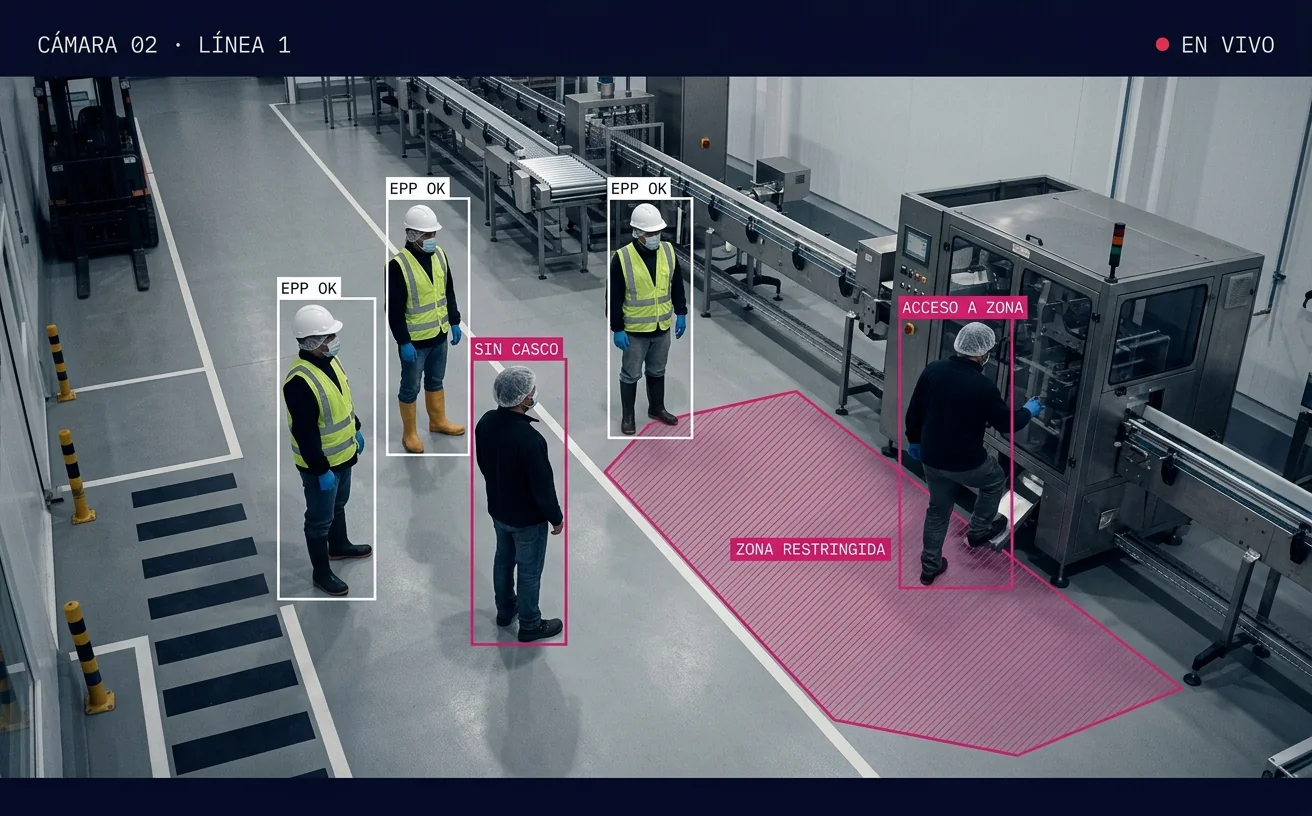 Vista ilustrativa del panel de Vig-IA: trabajadores con EPP marcados en blanco; uno sin casco y otro entrando a una zona restringida, marcados en magenta