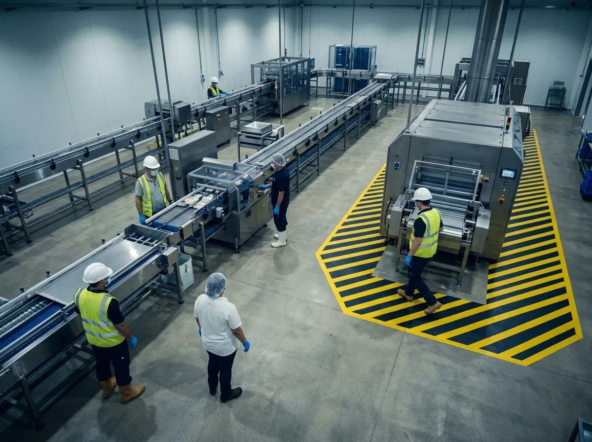 Vista ilustrativa de Vig-IA en una planta de proceso: trabajadores con EPP completo, dos personas sin casco y un ingreso a la zona de una máquina, marcados en alerta